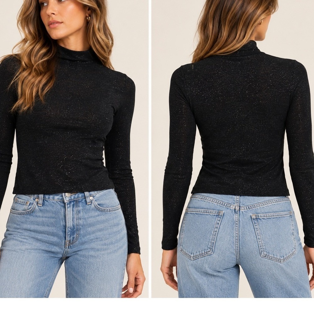 Eros Sparkle Mock Neck Pullover Sweater Women's S Black Old Money